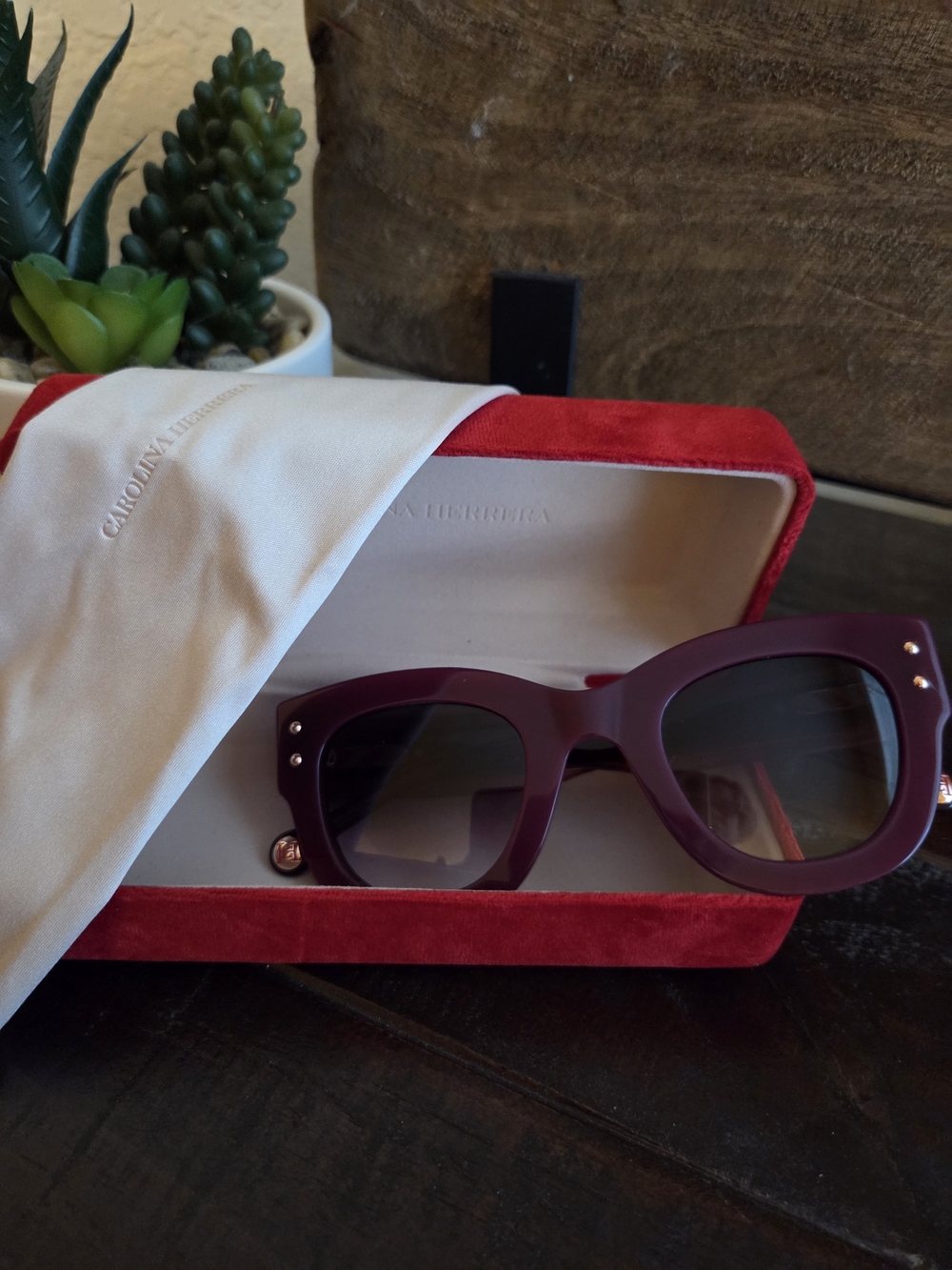 Carolina Herrera Deep Plum Cat-Eye Sunglasses with Gradient Lenses